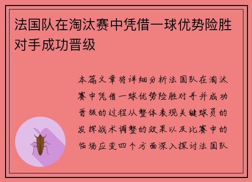 法国队在淘汰赛中凭借一球优势险胜对手成功晋级
