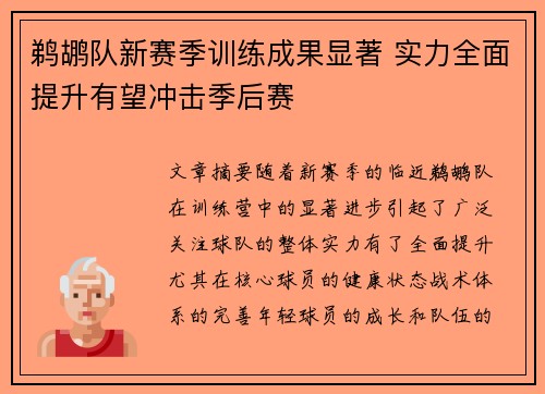 鹈鹕队新赛季训练成果显著 实力全面提升有望冲击季后赛