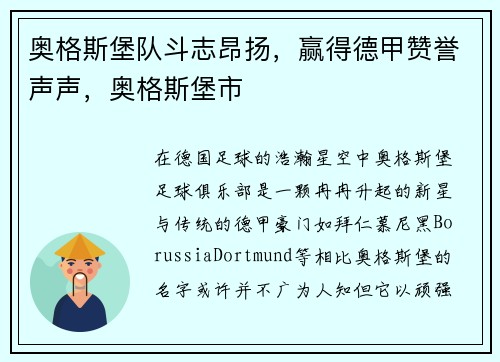 奥格斯堡队斗志昂扬，赢得德甲赞誉声声，奥格斯堡市