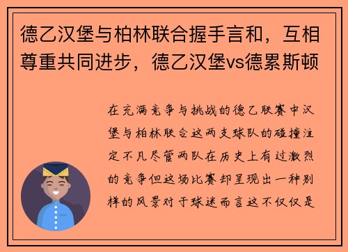 德乙汉堡与柏林联合握手言和，互相尊重共同进步，德乙汉堡vs德累斯顿