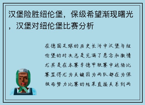 汉堡险胜纽伦堡，保级希望渐现曙光，汉堡对纽伦堡比赛分析