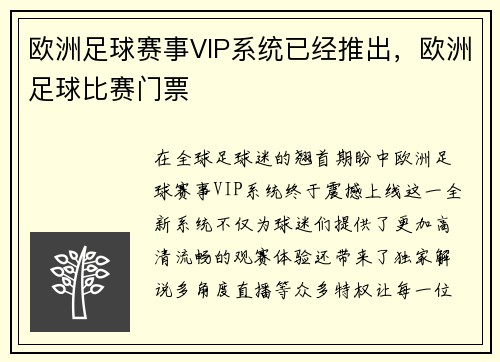 欧洲足球赛事VIP系统已经推出，欧洲足球比赛门票