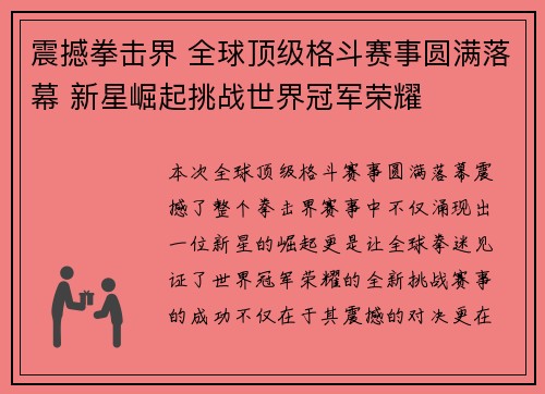震撼拳击界 全球顶级格斗赛事圆满落幕 新星崛起挑战世界冠军荣耀