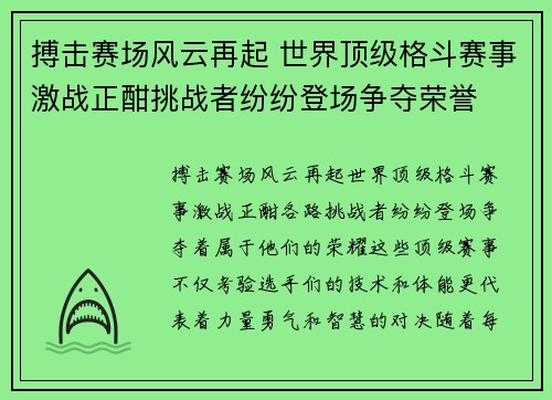 搏击赛场风云再起 世界顶级格斗赛事激战正酣挑战者纷纷登场争夺荣誉
